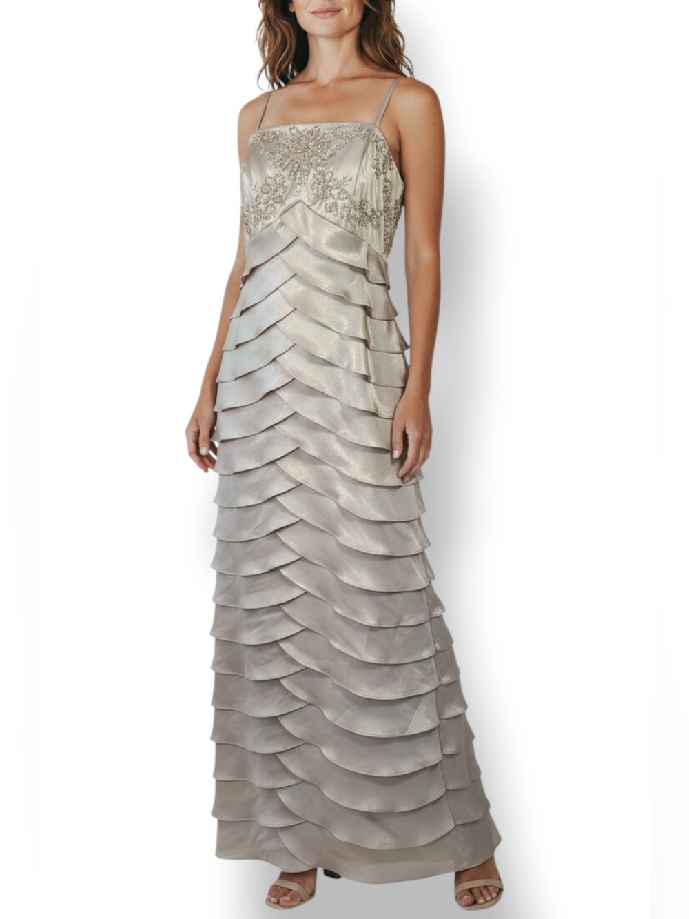 Alex Evenings Beaded Tiered Maxi Gown & Sheer Bolero Jacket Champagne 10P - Picture 1 of 15